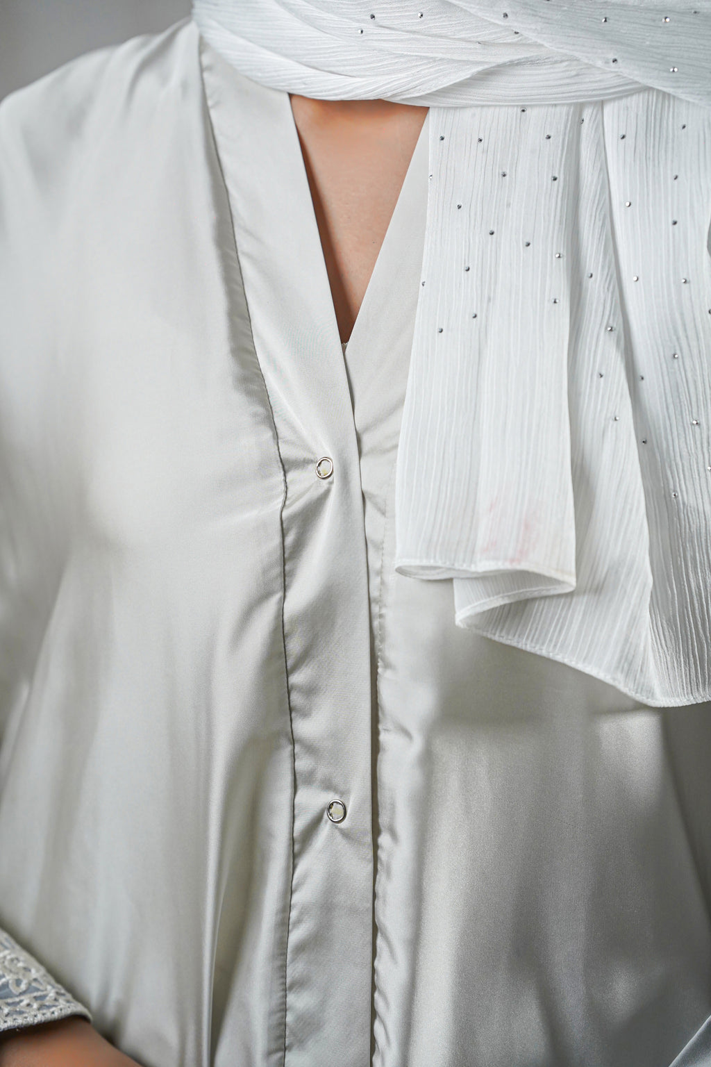 Moonlight Mist Satin Abaya – Silver Elegance with Lace Detailing