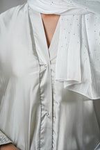 Moonlight Mist Satin Abaya – Silver Elegance with Lace Detailing