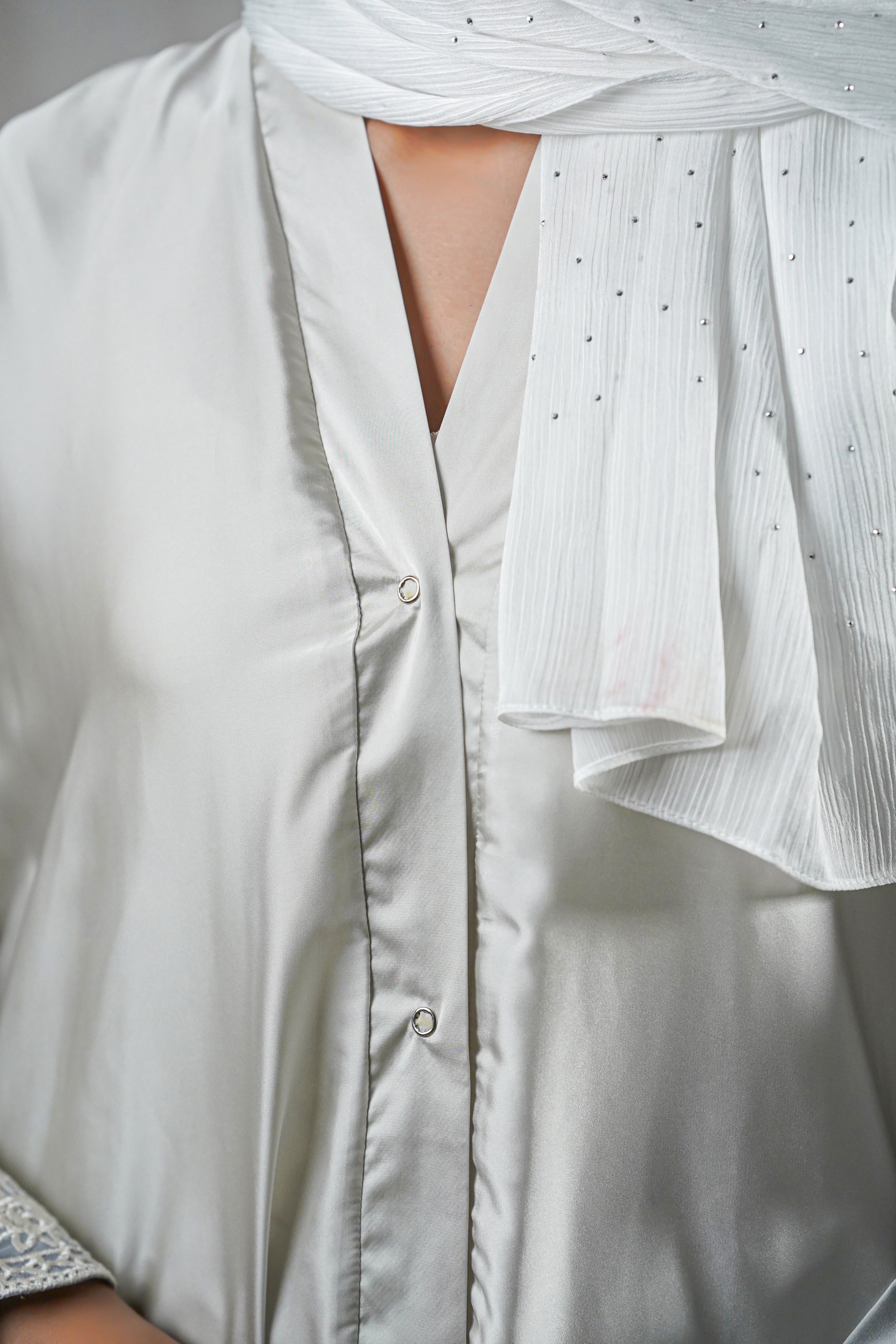 Moonlight Mist Satin Abaya – Silver Elegance with Lace Detailing