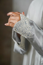 Moonlight Mist Satin Abaya – Silver Elegance with Lace Detailing