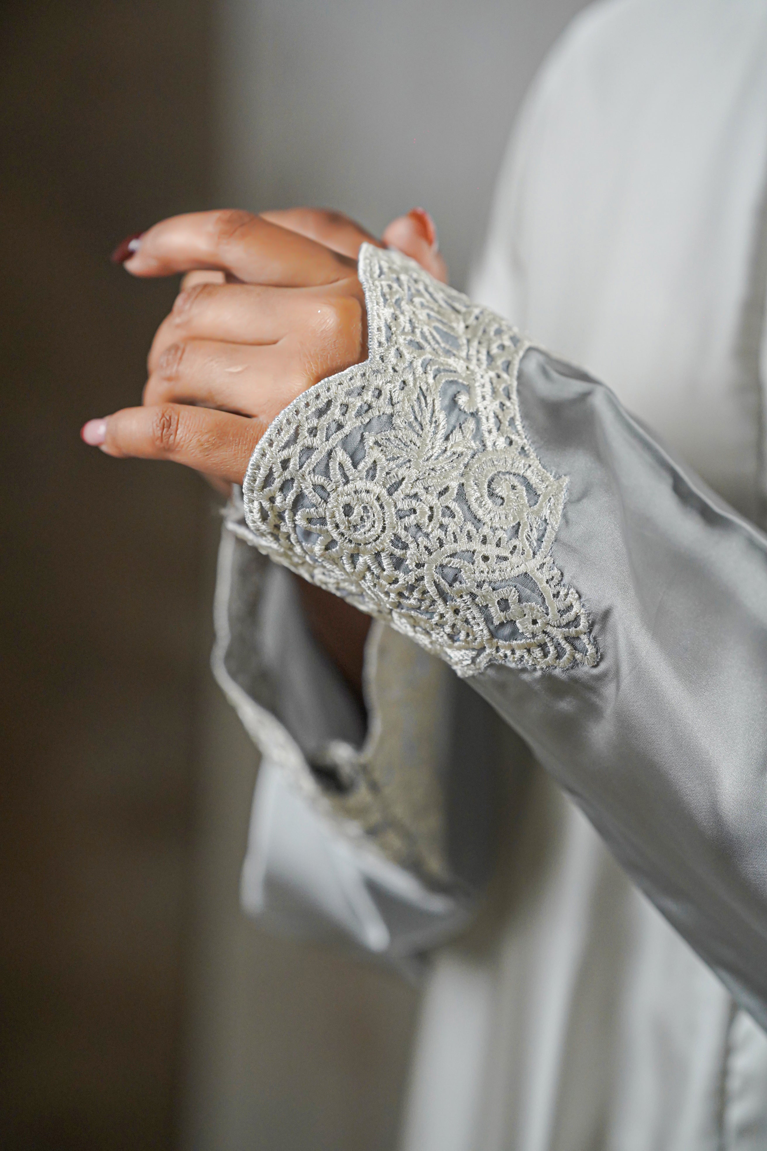 Moonlight Mist Satin Abaya – Silver Elegance with Lace Detailing