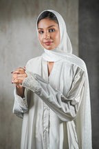 Moonlight Mist Satin Abaya – Silver Elegance with Lace Detailing