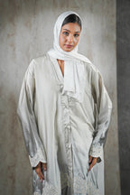 Moonlight Mist Satin Abaya – Silver Elegance with Lace Detailing