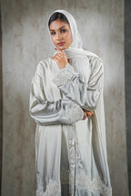 Moonlight Mist Satin Abaya – Silver Elegance with Lace Detailing