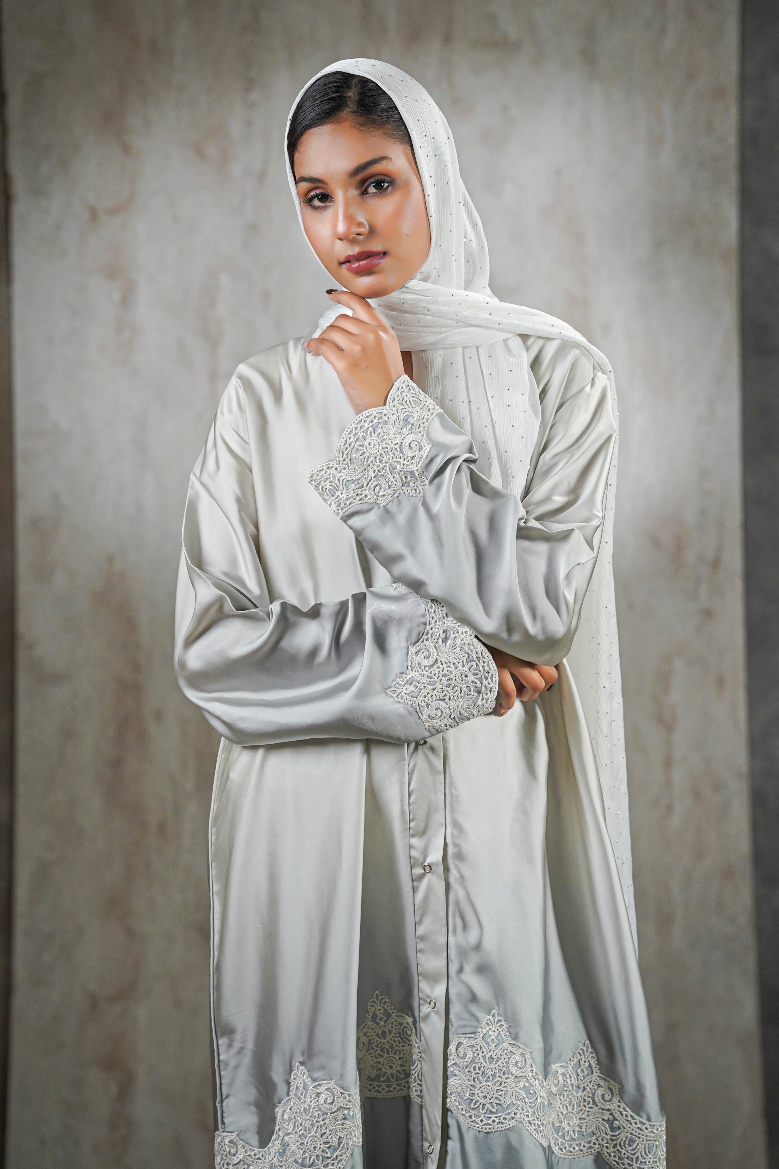 Moonlight Mist Satin Abaya – Silver Elegance with Lace Detailing