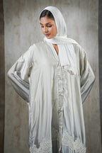 Moonlight Mist Satin Abaya – Silver Elegance with Lace Detailing