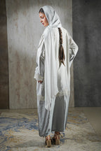Moonlight Mist Satin Abaya – Silver Elegance with Lace Detailing
