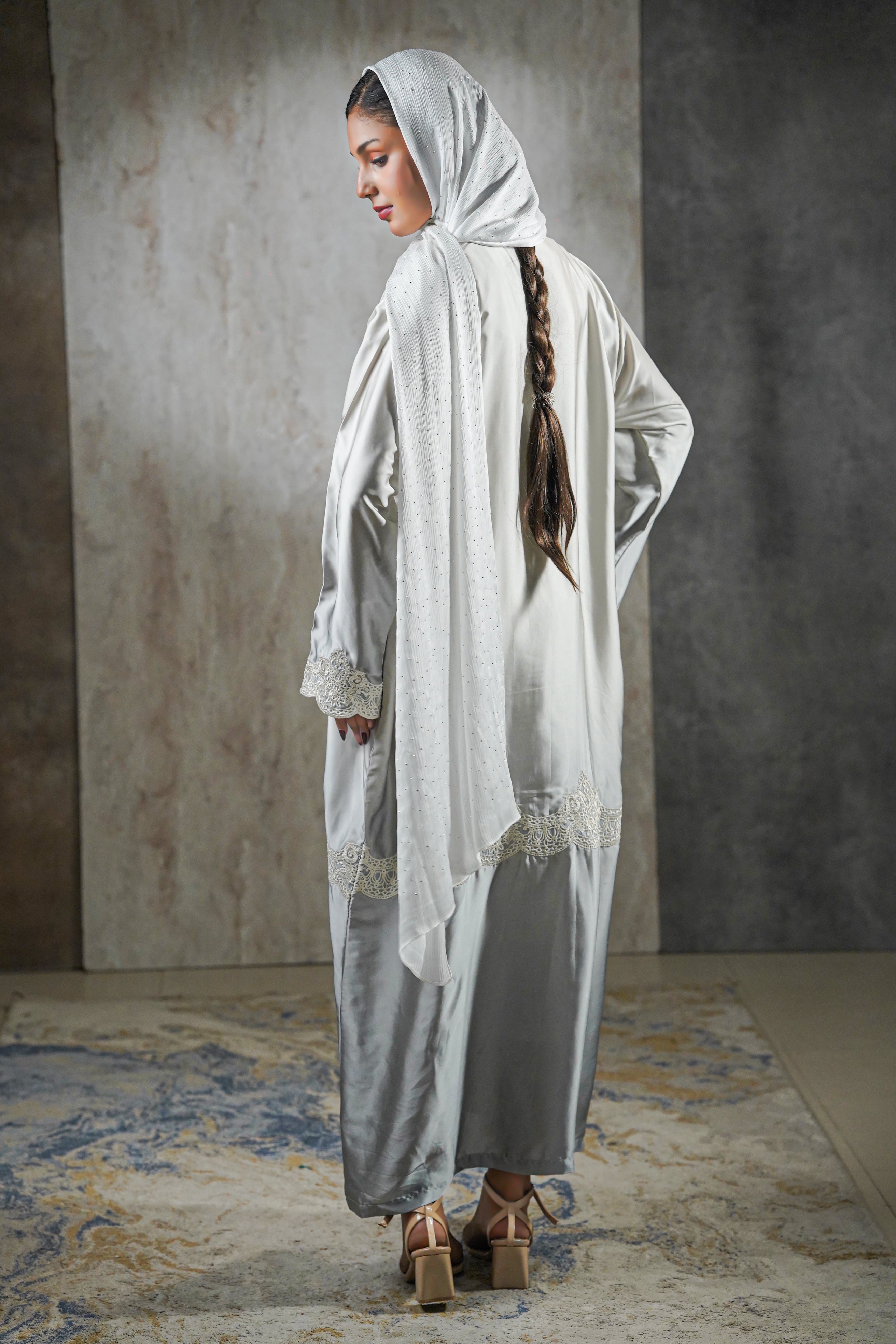 Moonlight Mist Satin Abaya – Silver Elegance with Lace Detailing