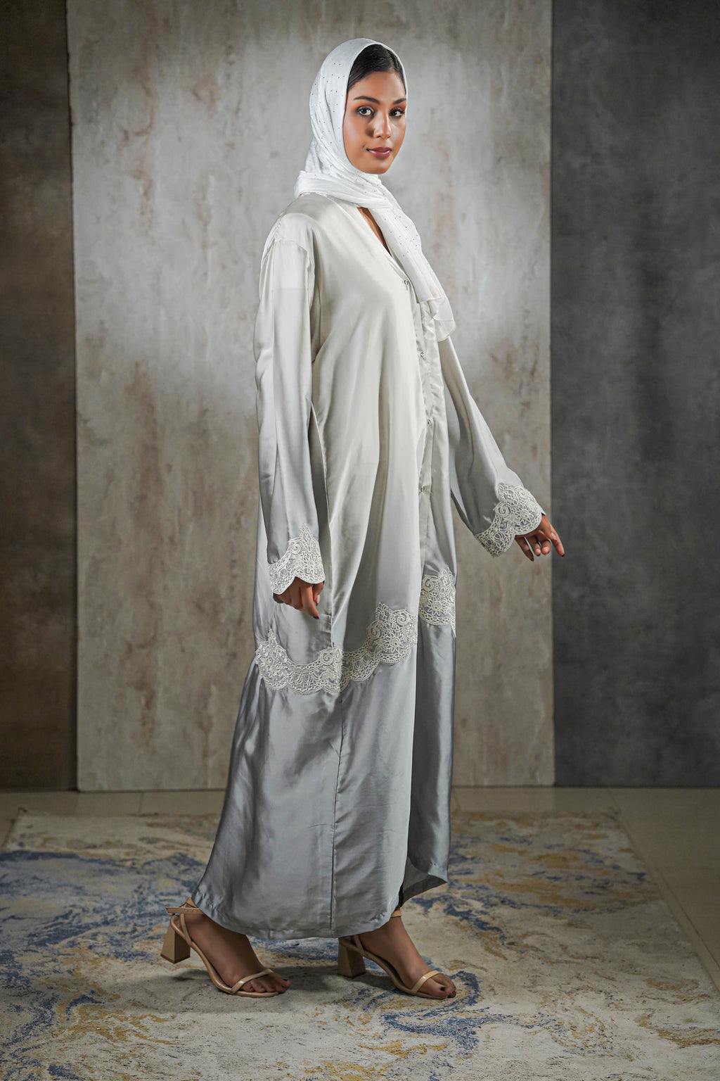 Moonlight Mist Satin Abaya – Silver Elegance with Lace Detailing