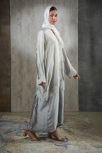 Moonlight Mist Satin Abaya – Silver Elegance with Lace Detailing