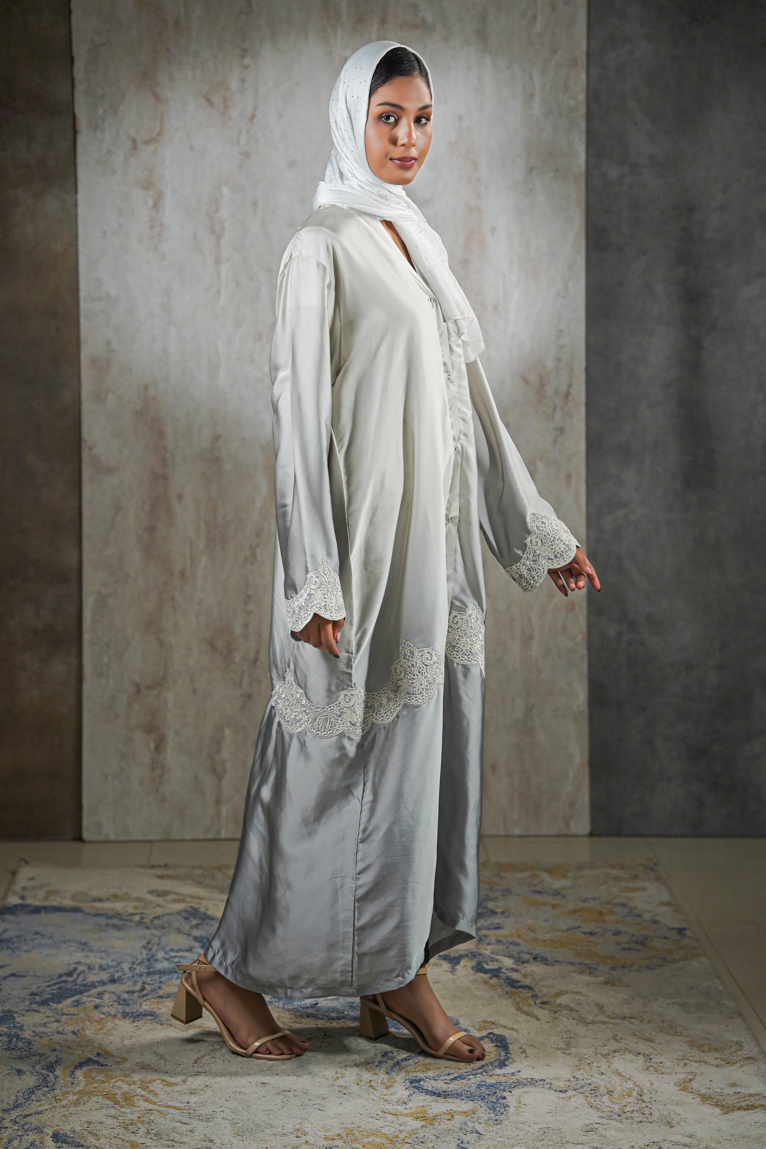 Moonlight Mist Satin Abaya – Silver Elegance with Lace Detailing