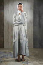 Moonlight Mist Satin Abaya – Silver Elegance with Lace Detailing