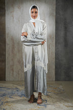 Moonlight Mist Satin Abaya – Silver Elegance with Lace Detailing