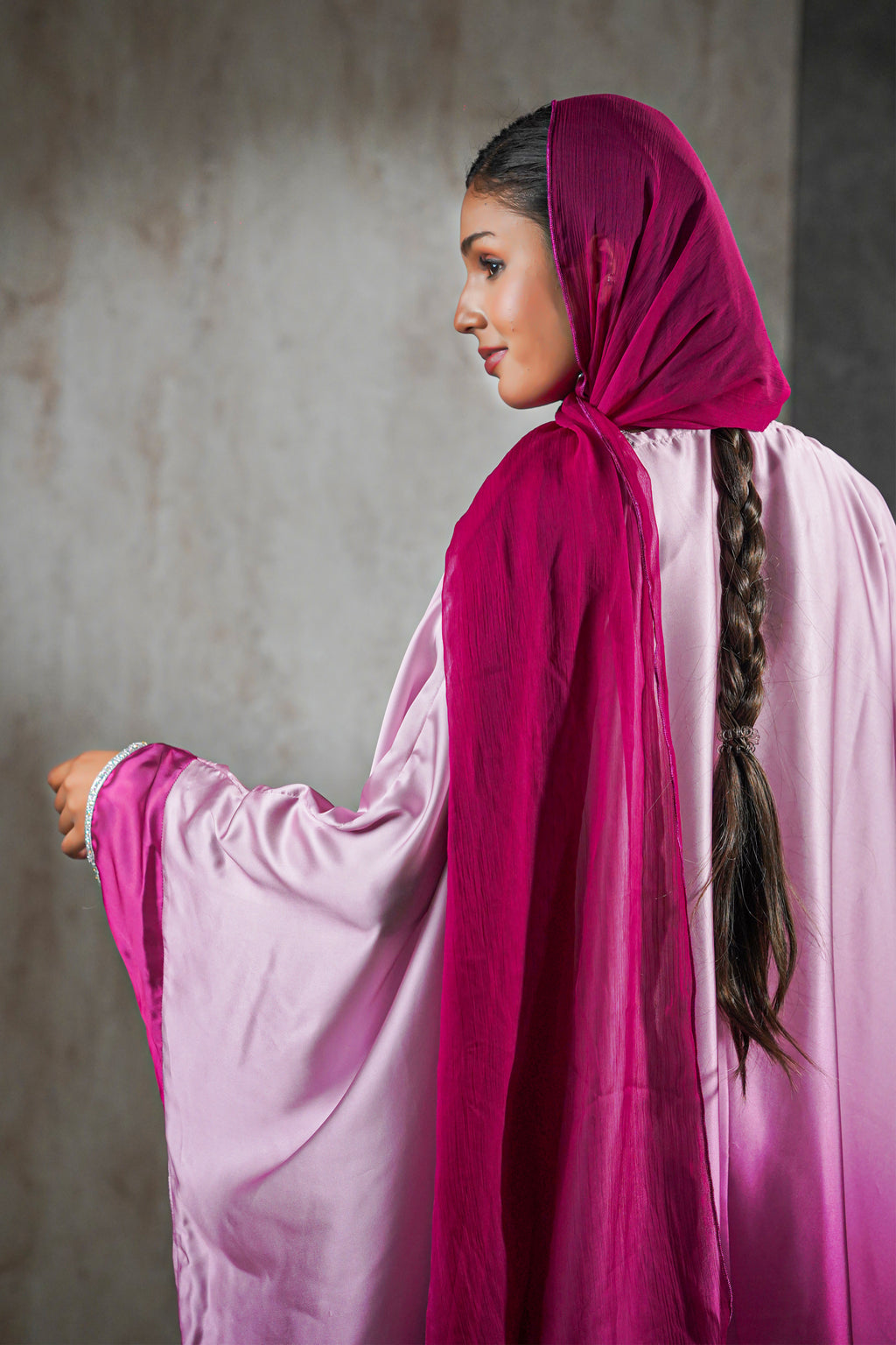 Rose Radiance Satin Abaya – Ombre Perfection with Crystal Trim