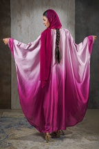 Rose Radiance Satin Abaya – Ombre Perfection with Crystal Trim