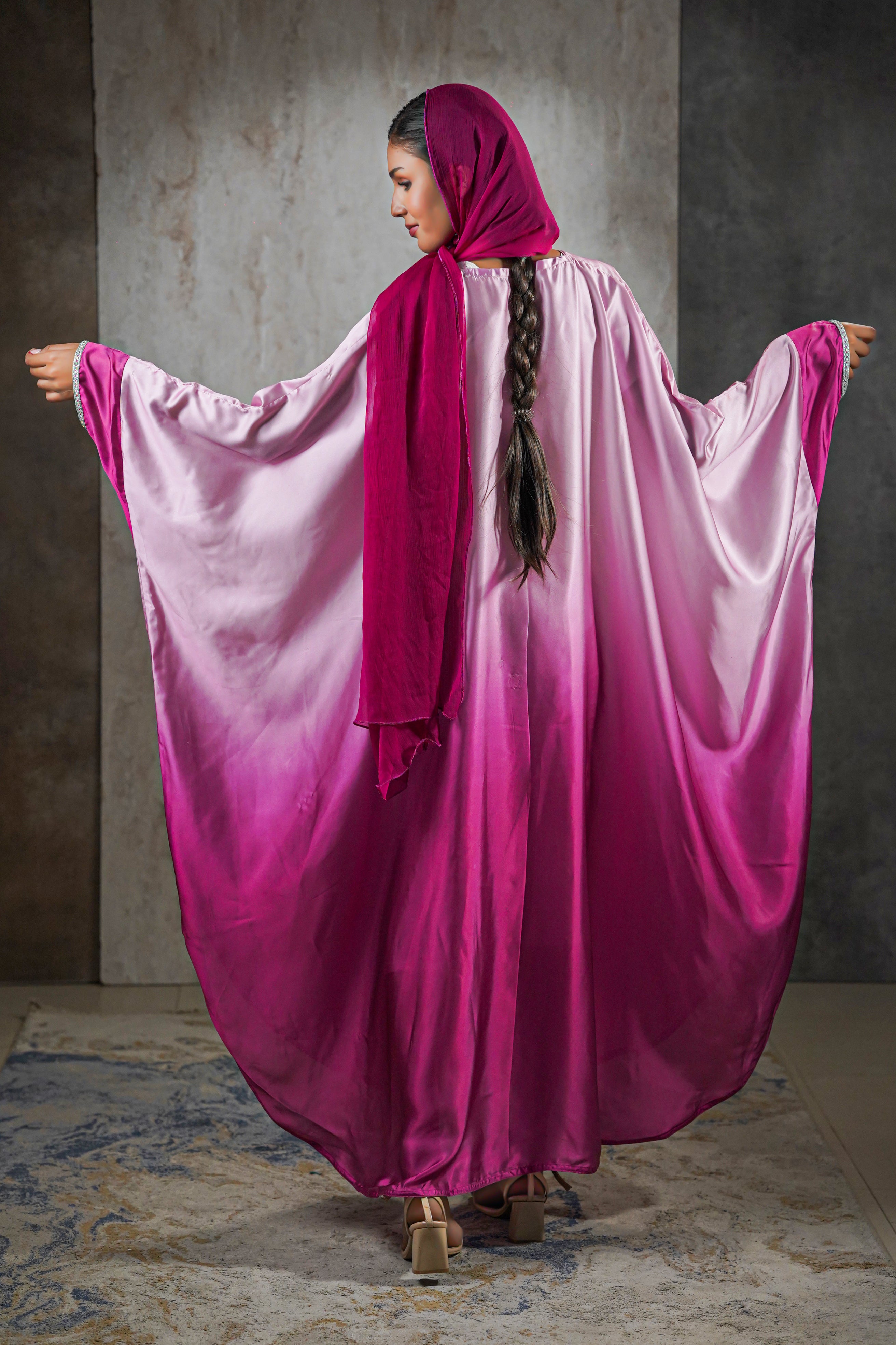 Rose Radiance Satin Abaya – Ombre Perfection with Crystal Trim