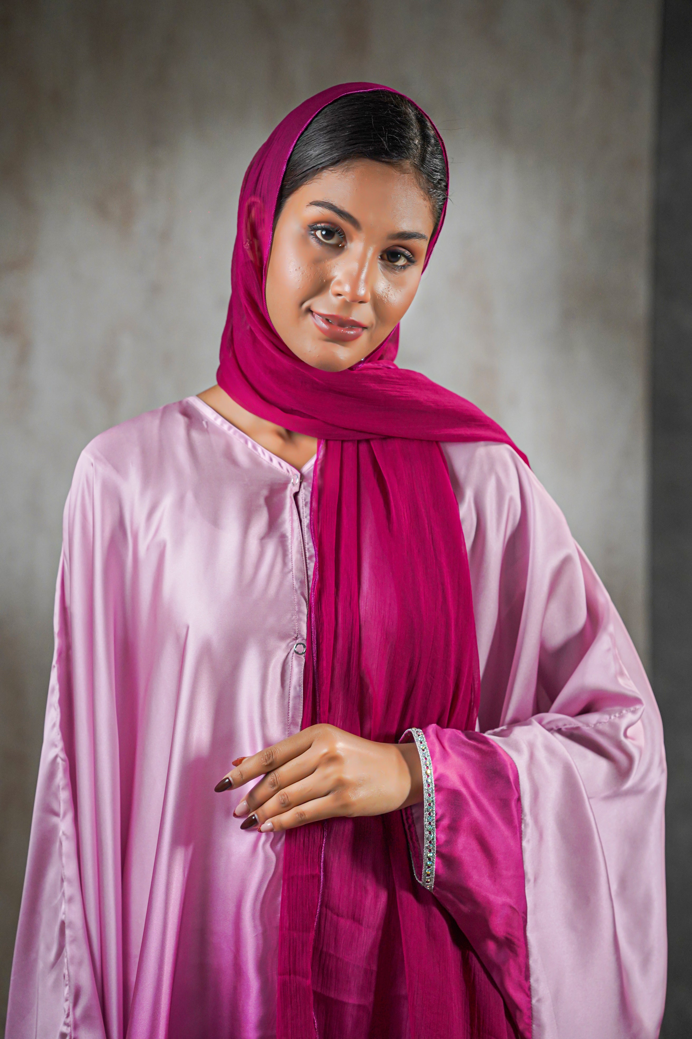 Rose Radiance Satin Abaya – Ombre Perfection with Crystal Trim