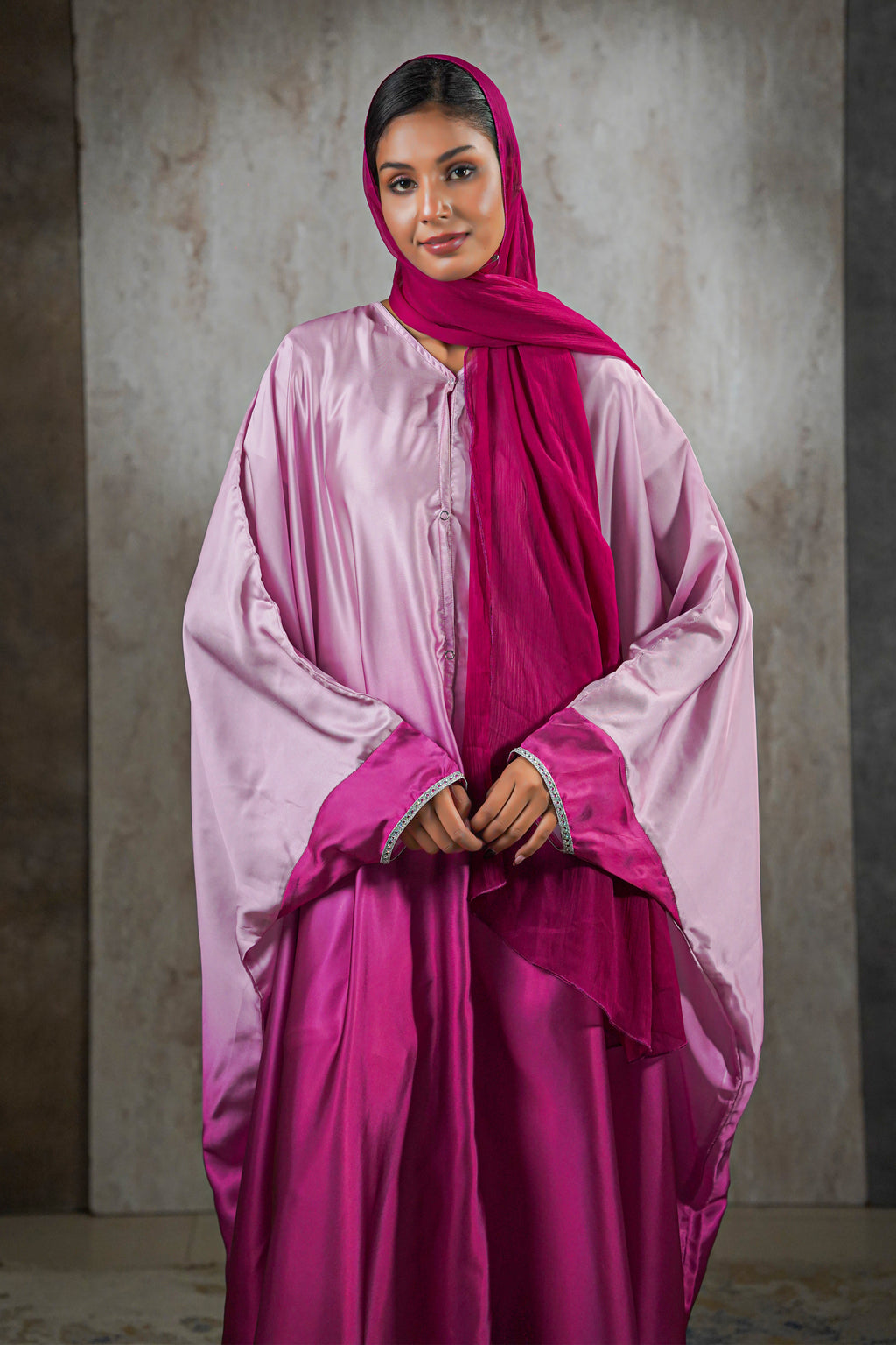 Rose Radiance Satin Abaya – Ombre Perfection with Crystal Trim