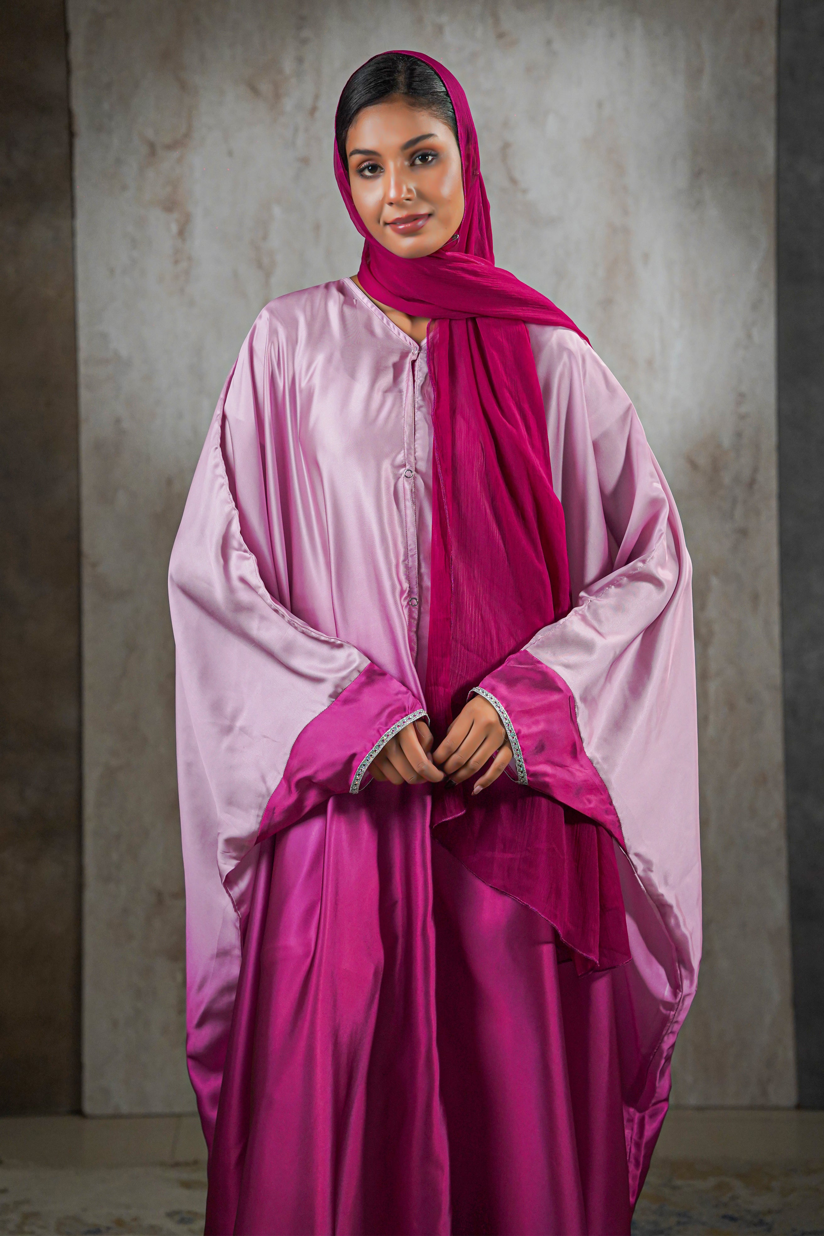 Rose Radiance Satin Abaya – Ombre Perfection with Crystal Trim