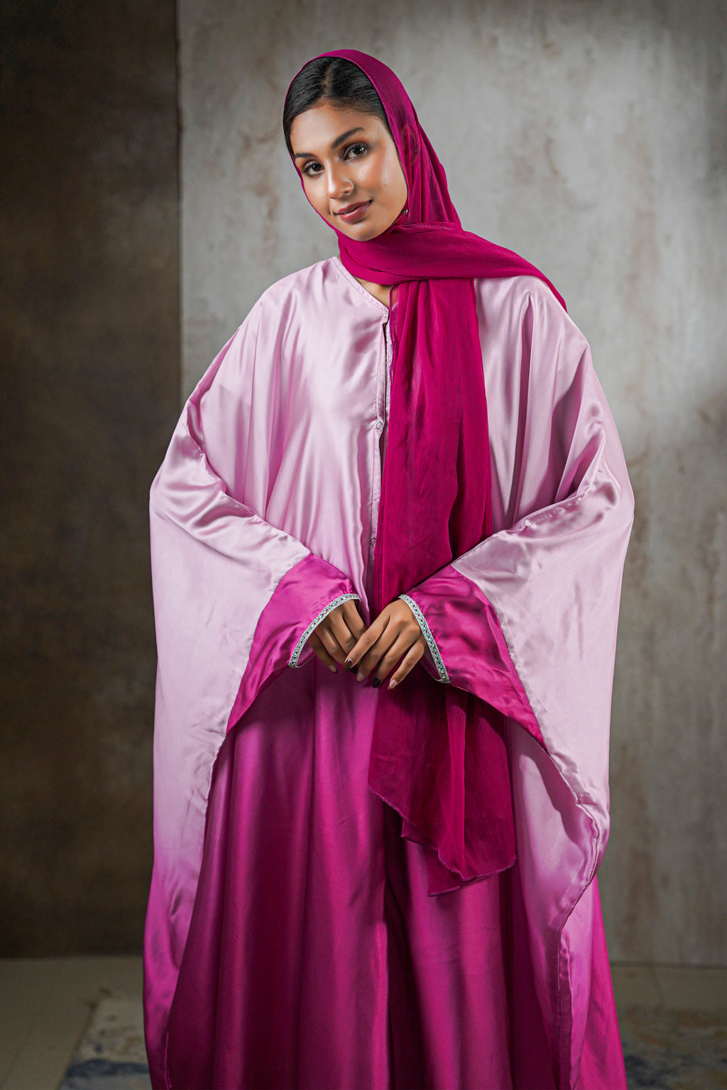 Rose Radiance Satin Abaya – Ombre Perfection with Crystal Trim