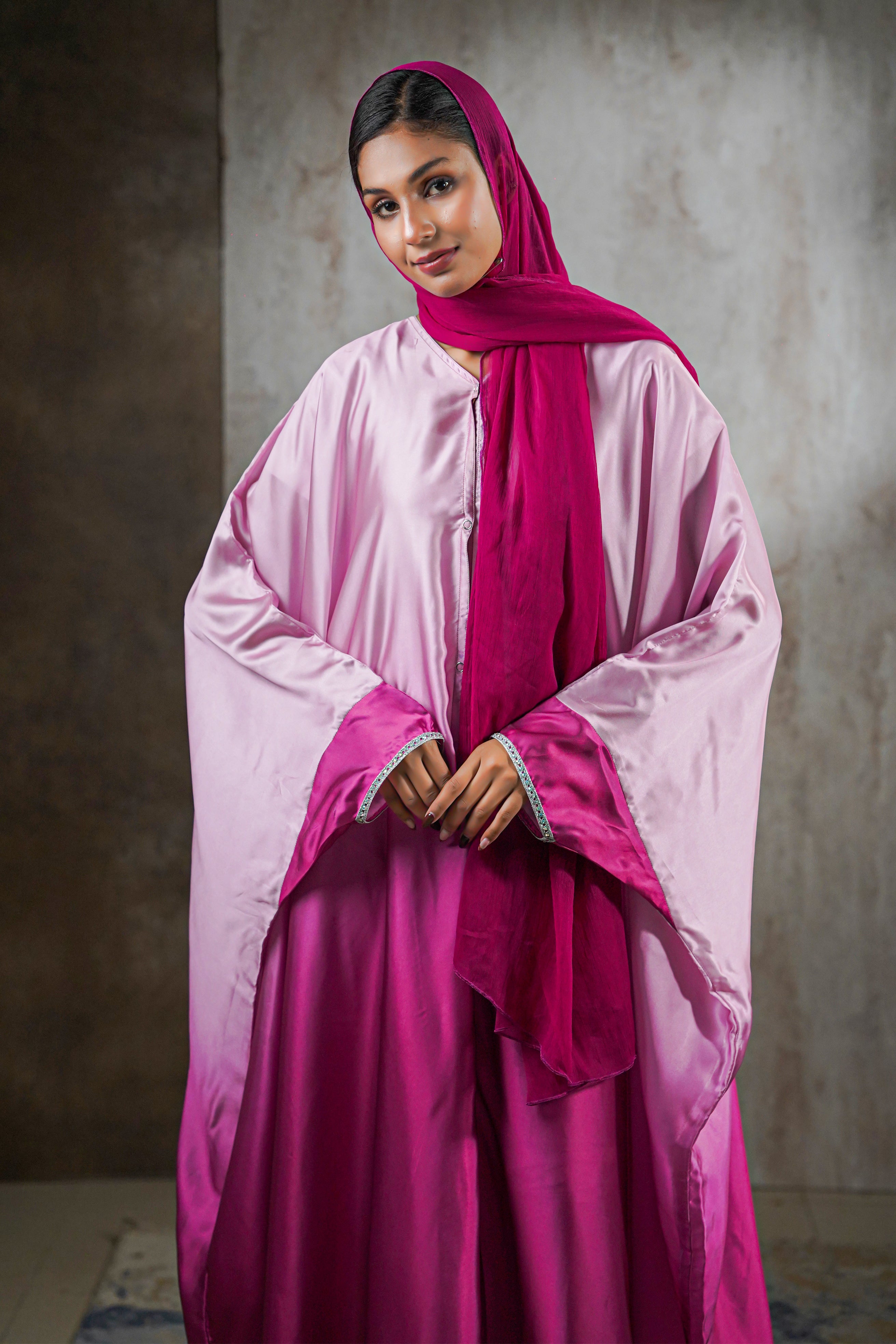 Rose Radiance Satin Abaya – Ombre Perfection with Crystal Trim
