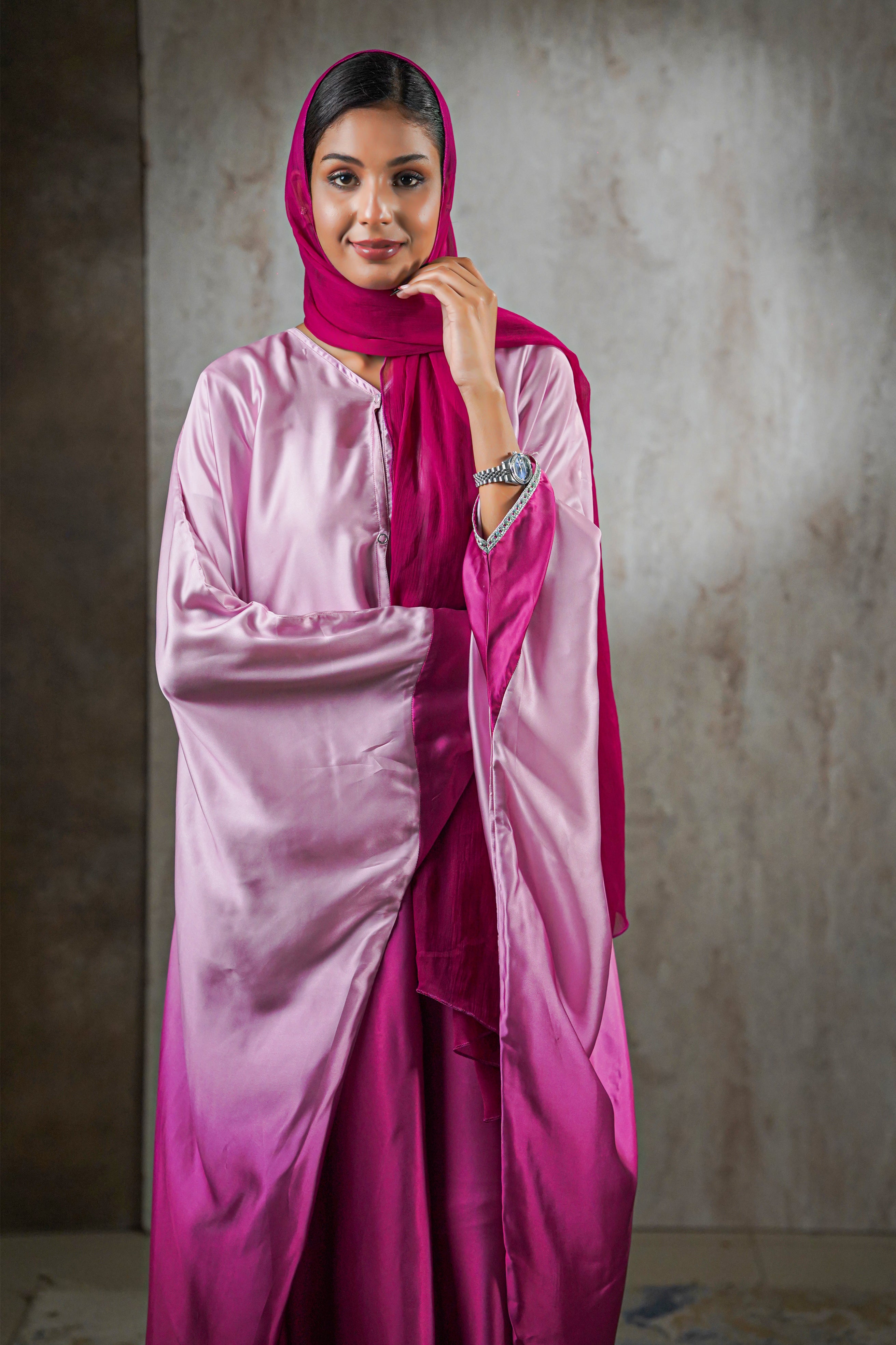 Rose Radiance Satin Abaya – Ombre Perfection with Crystal Trim