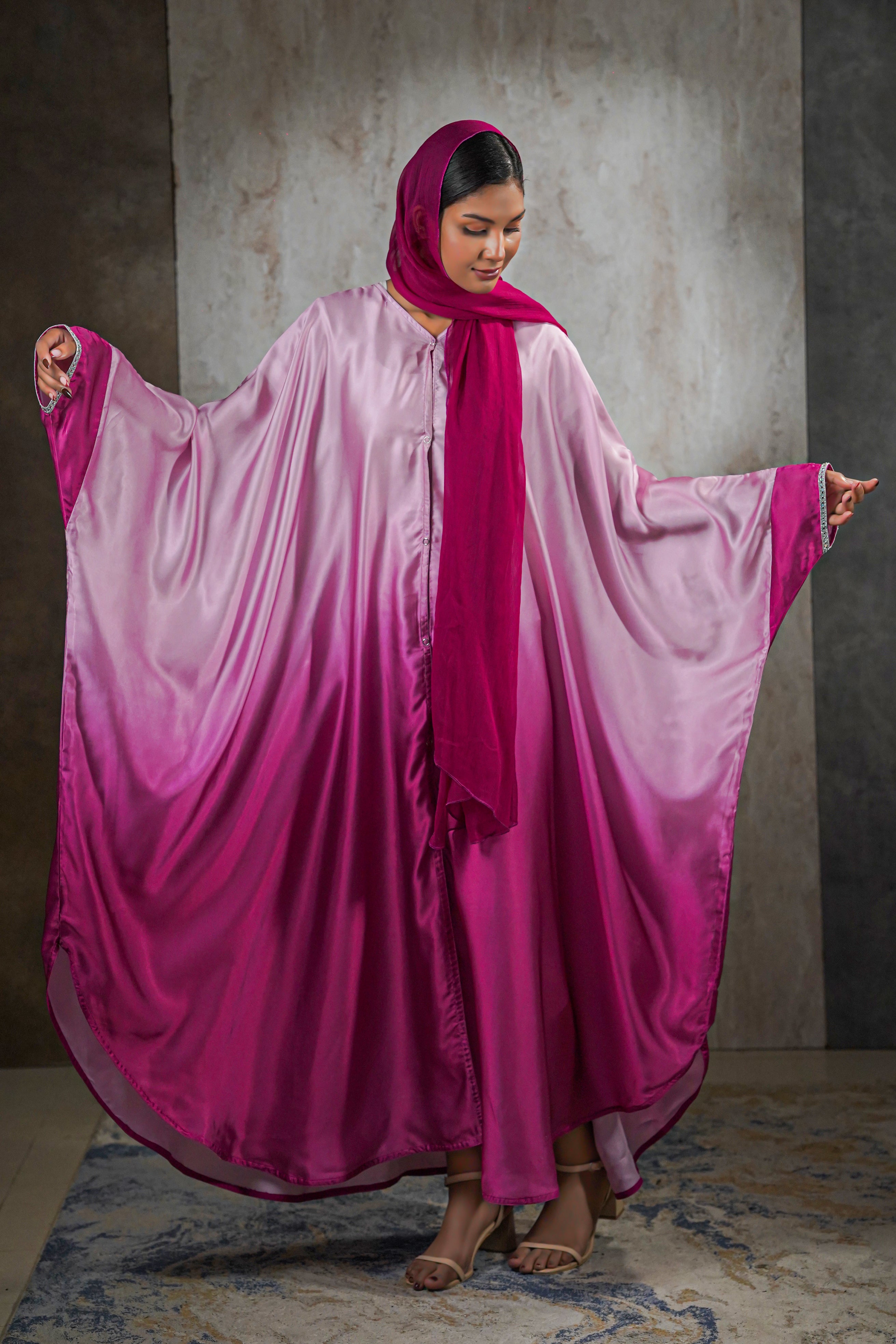 Rose Radiance Satin Abaya – Ombre Perfection with Crystal Trim