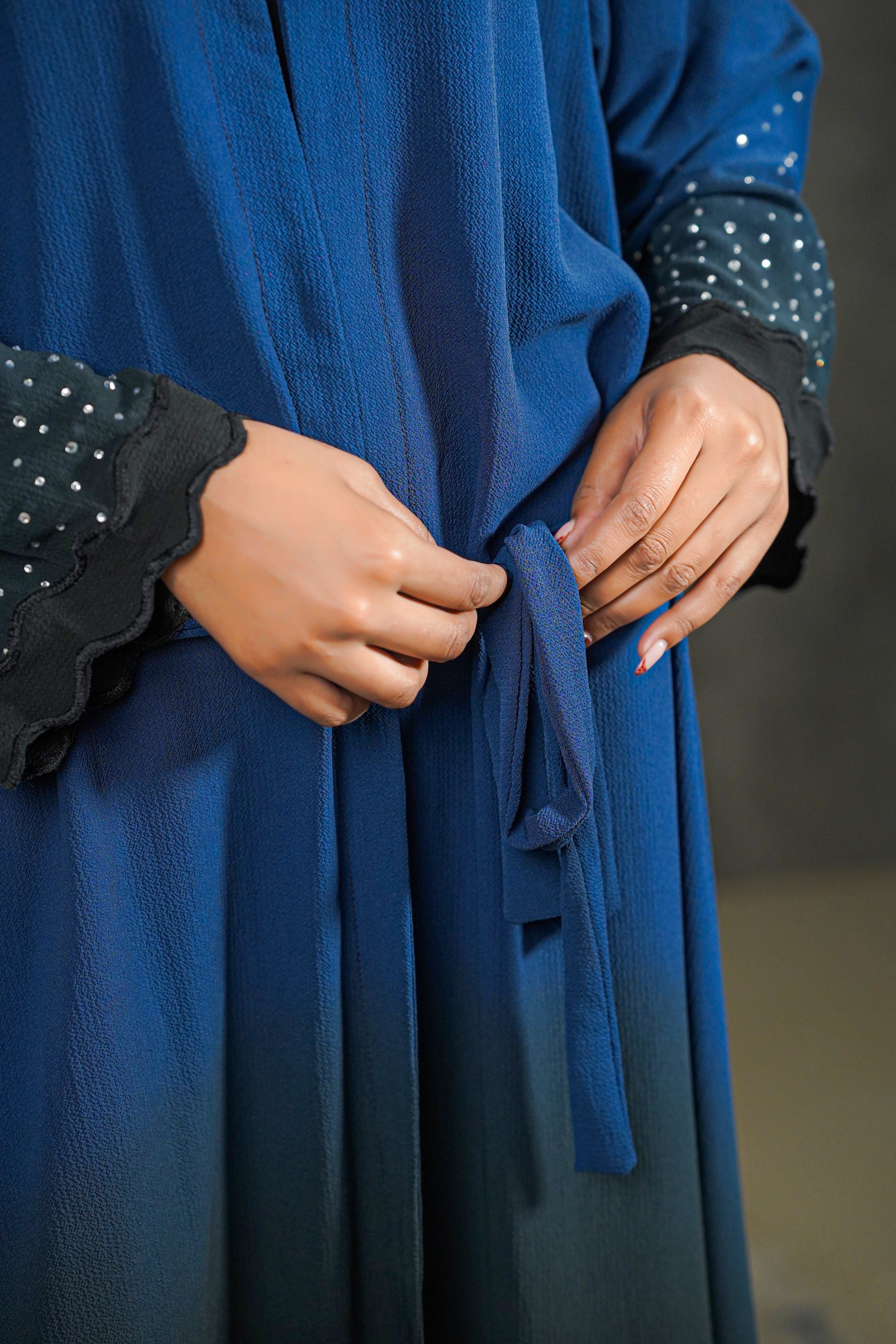 Midnight Aura Abaya – Navy Ombre Elegance with Crystal Detailing