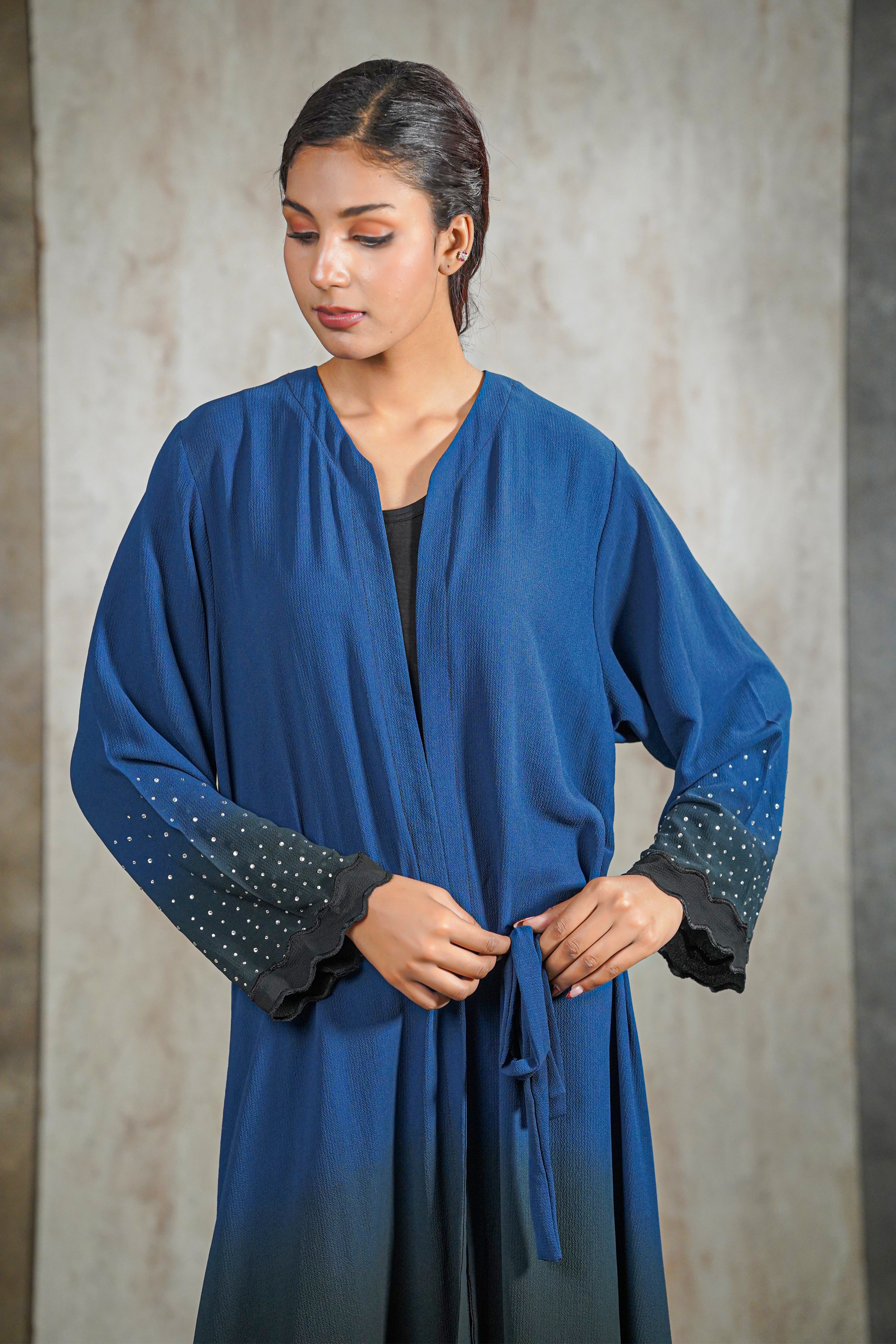 Midnight Aura Abaya – Navy Ombre Elegance with Crystal Detailing