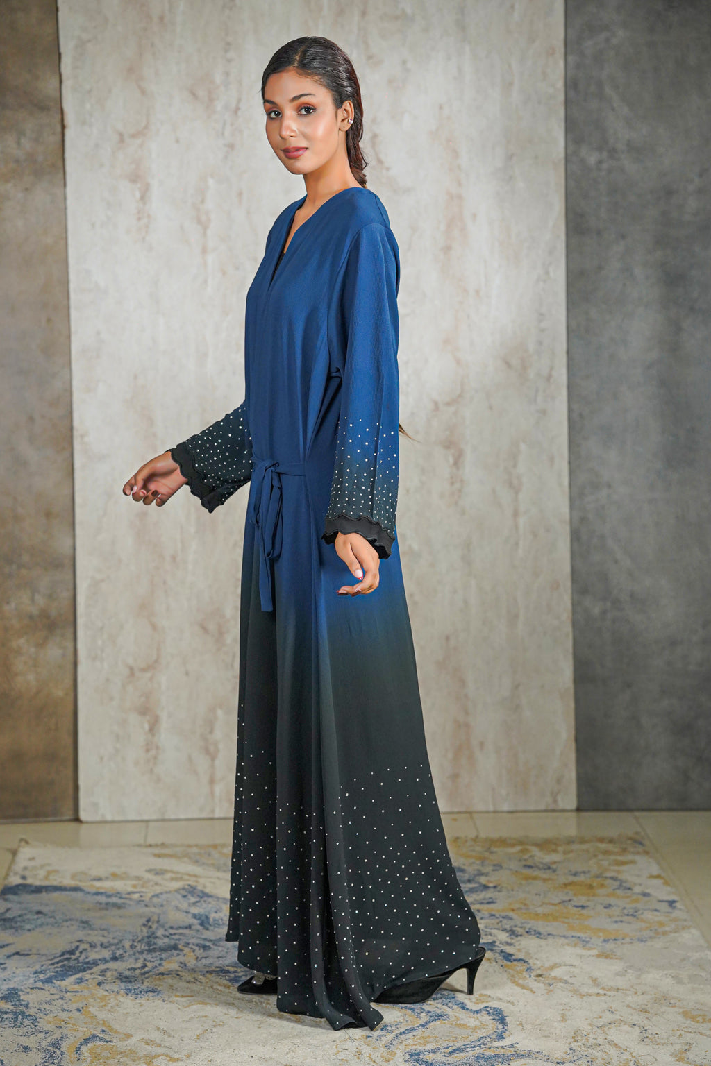 Midnight Aura Abaya – Navy Ombre Elegance with Crystal Detailing