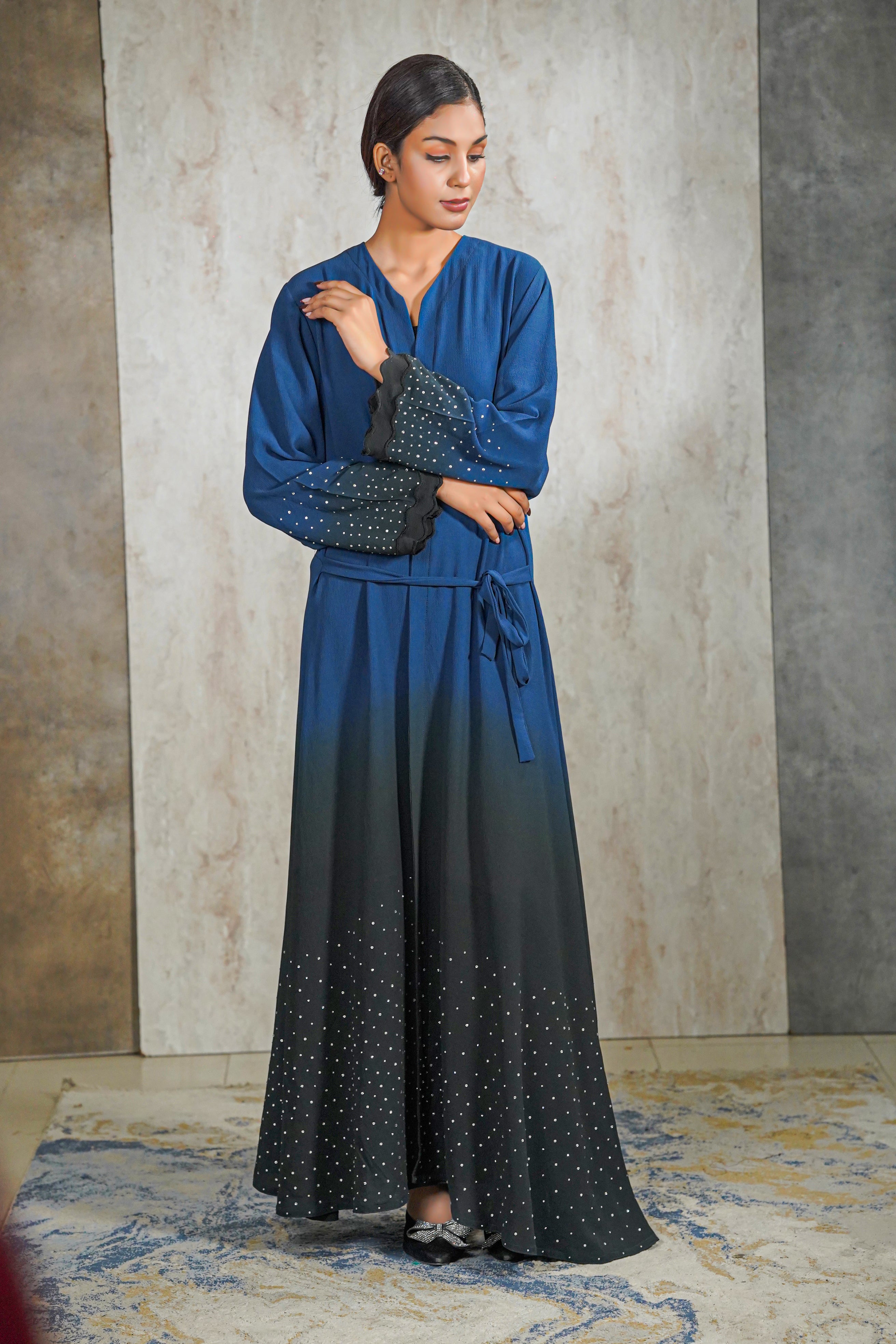 Midnight Aura Abaya – Navy Ombre Elegance with Crystal Detailing