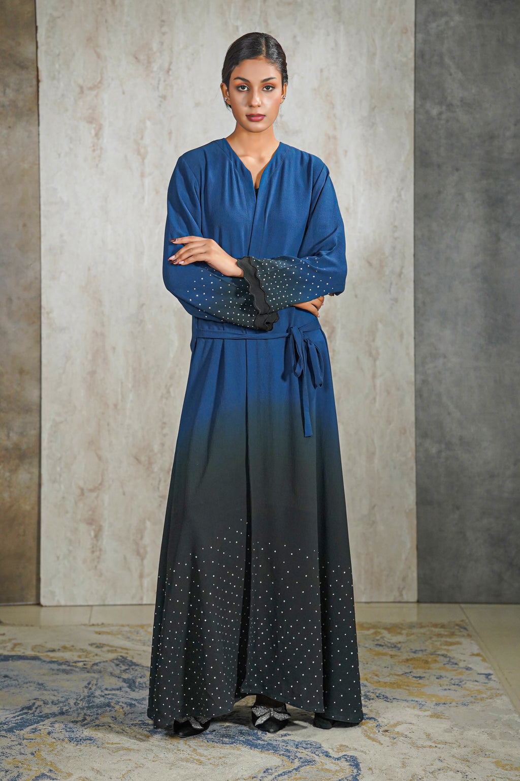 Midnight Aura Abaya – Navy Ombre Elegance with Crystal Detailing
