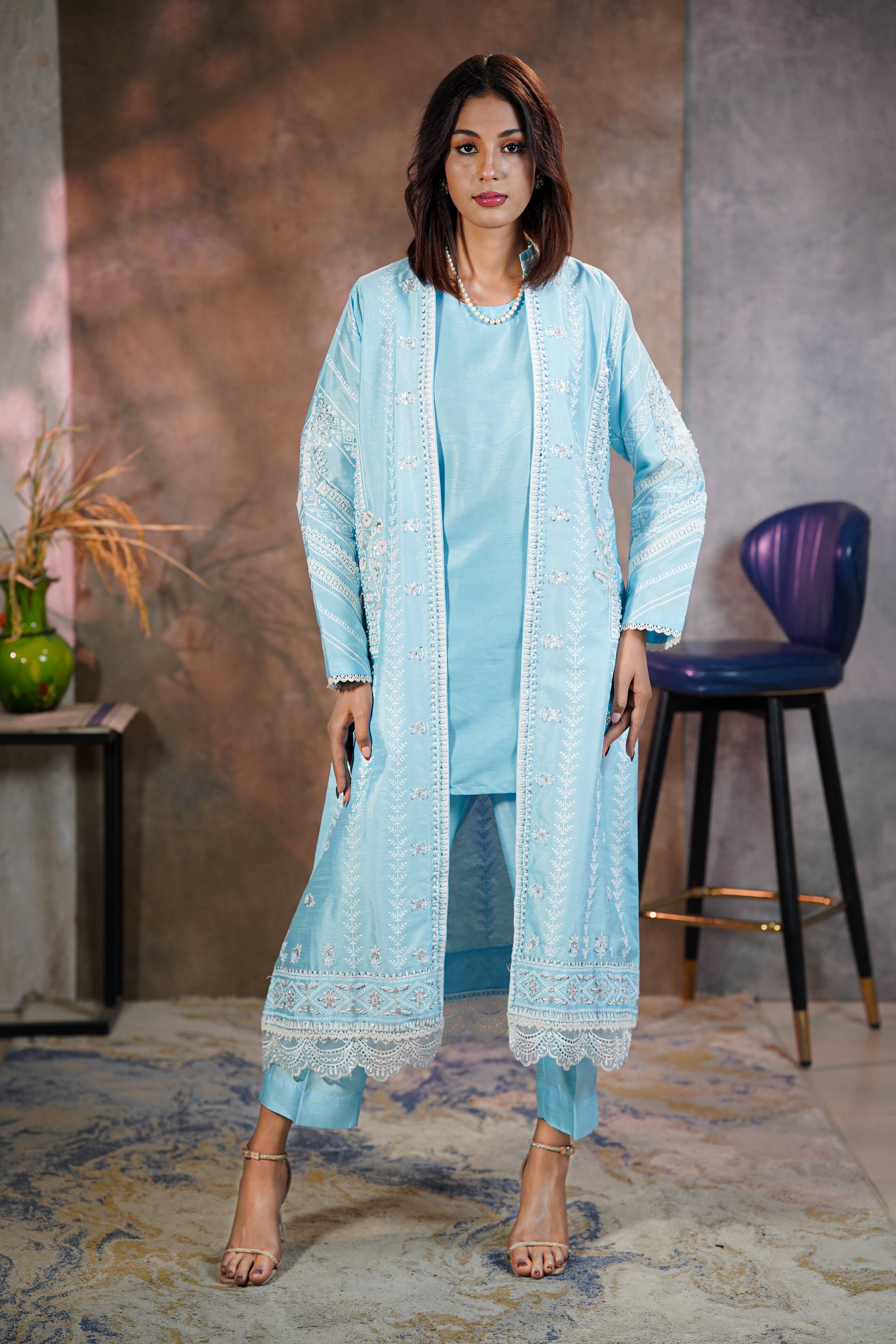 Sky Lace Abaya – Elegant Embroidered Two-Piece Set