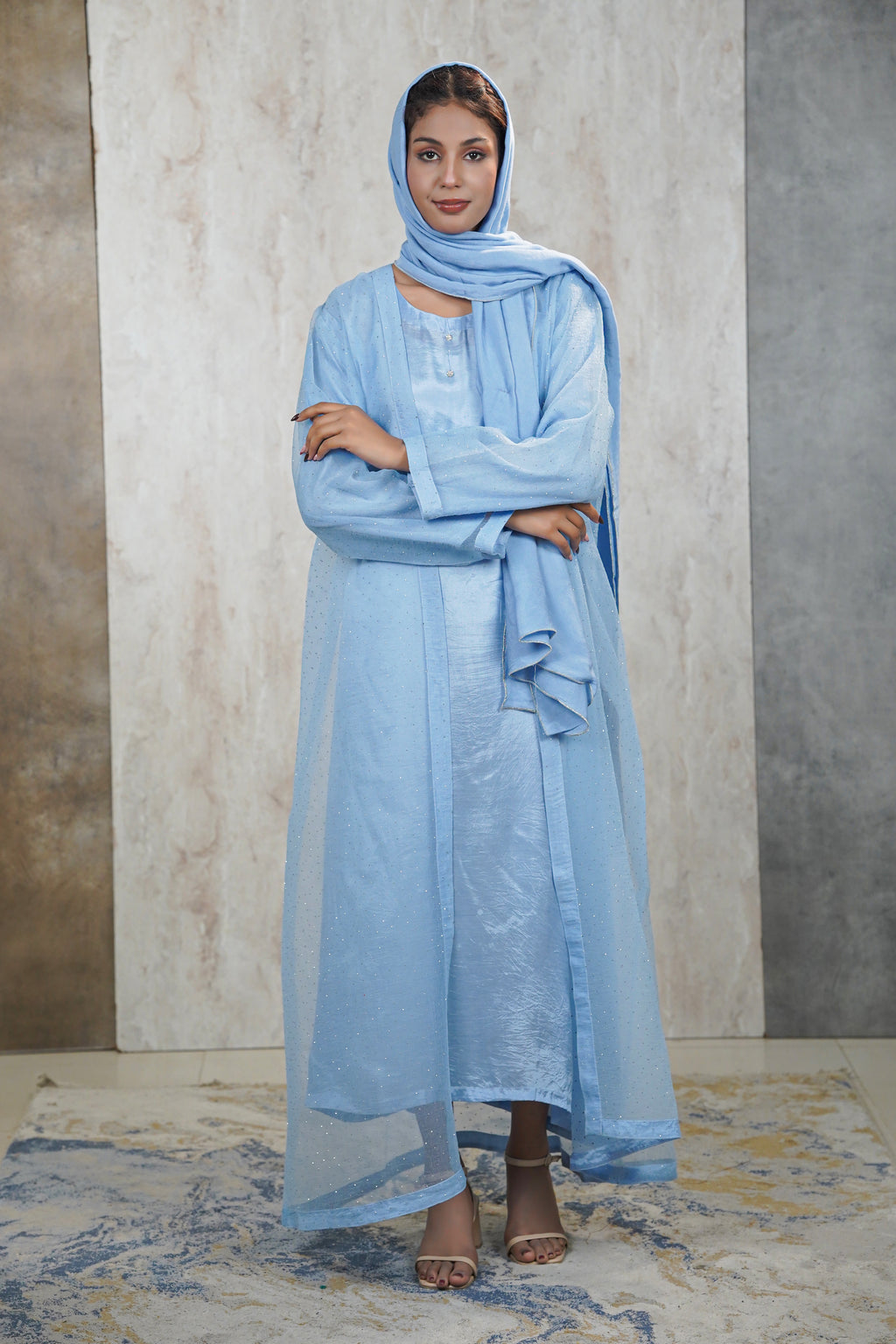 Traditional Baby Blue Abaya Net Material