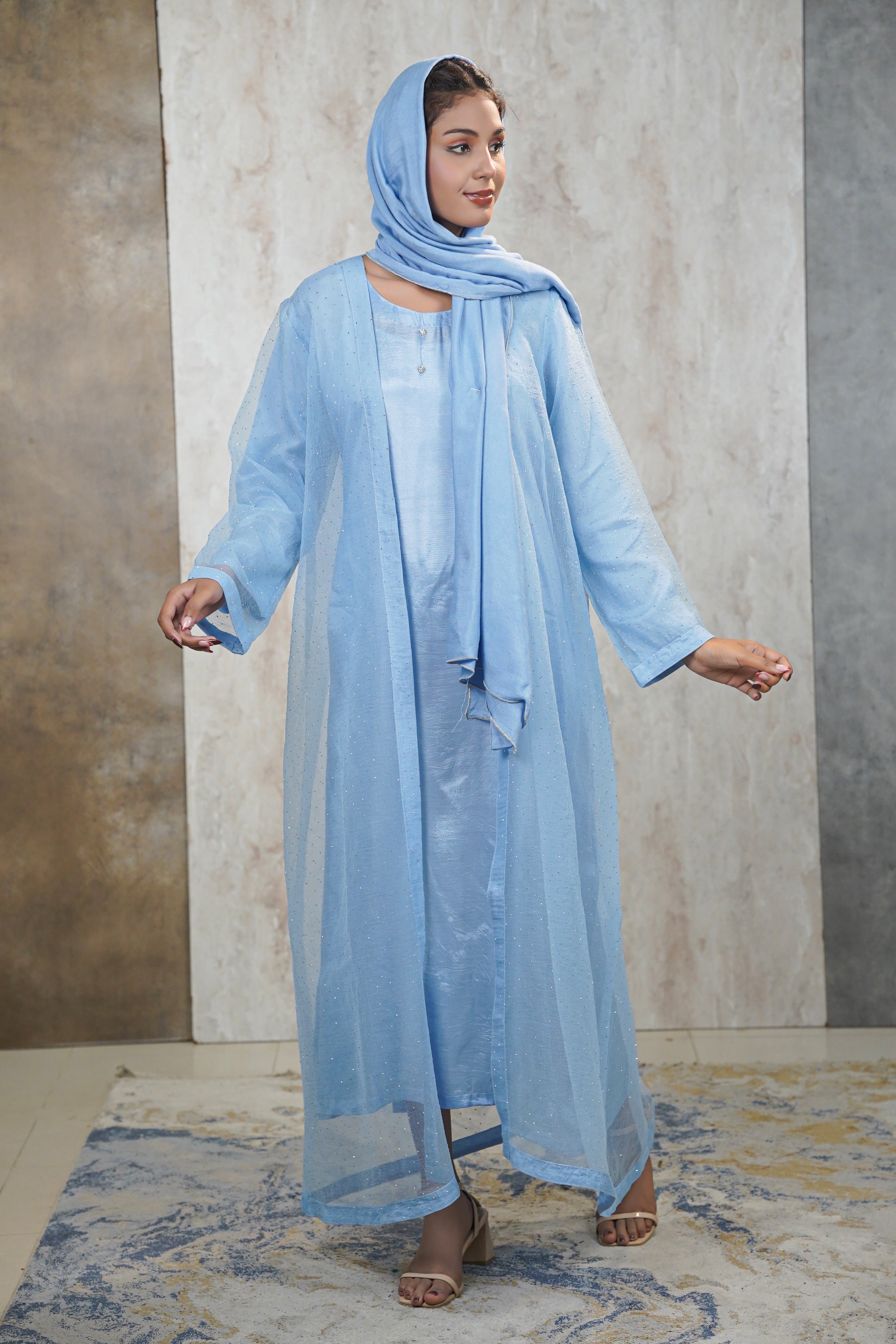 Traditional Baby Blue Abaya Net Material