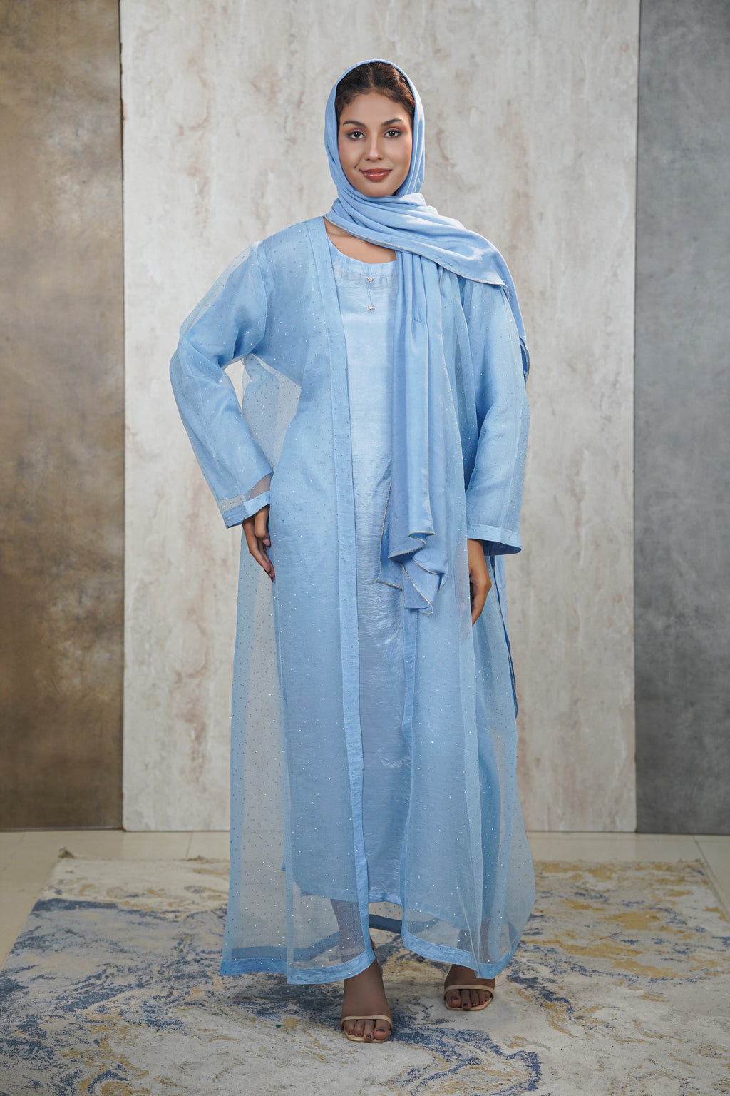 Traditional Baby Blue Abaya Net Material