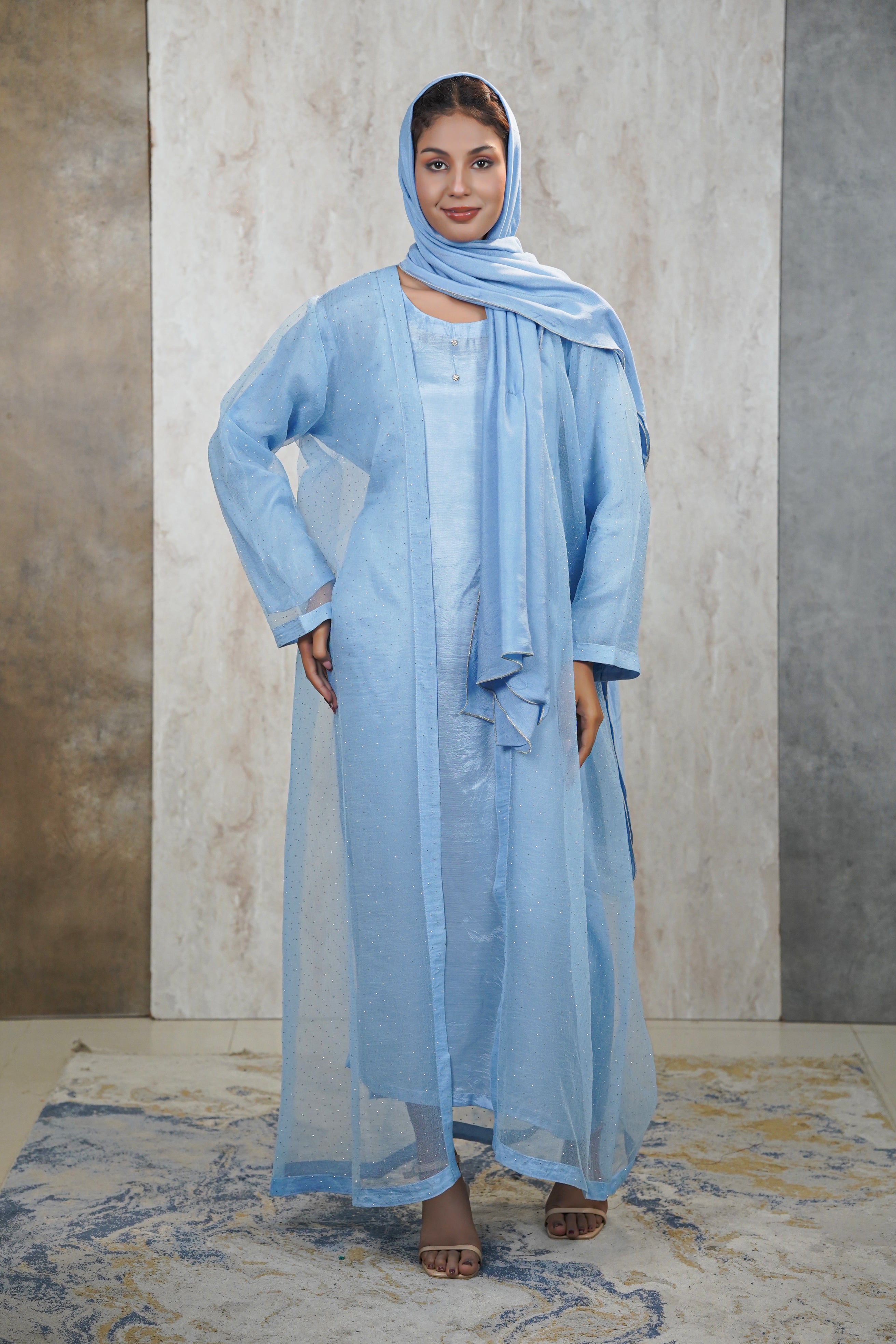 Traditional Baby Blue Abaya Net Material