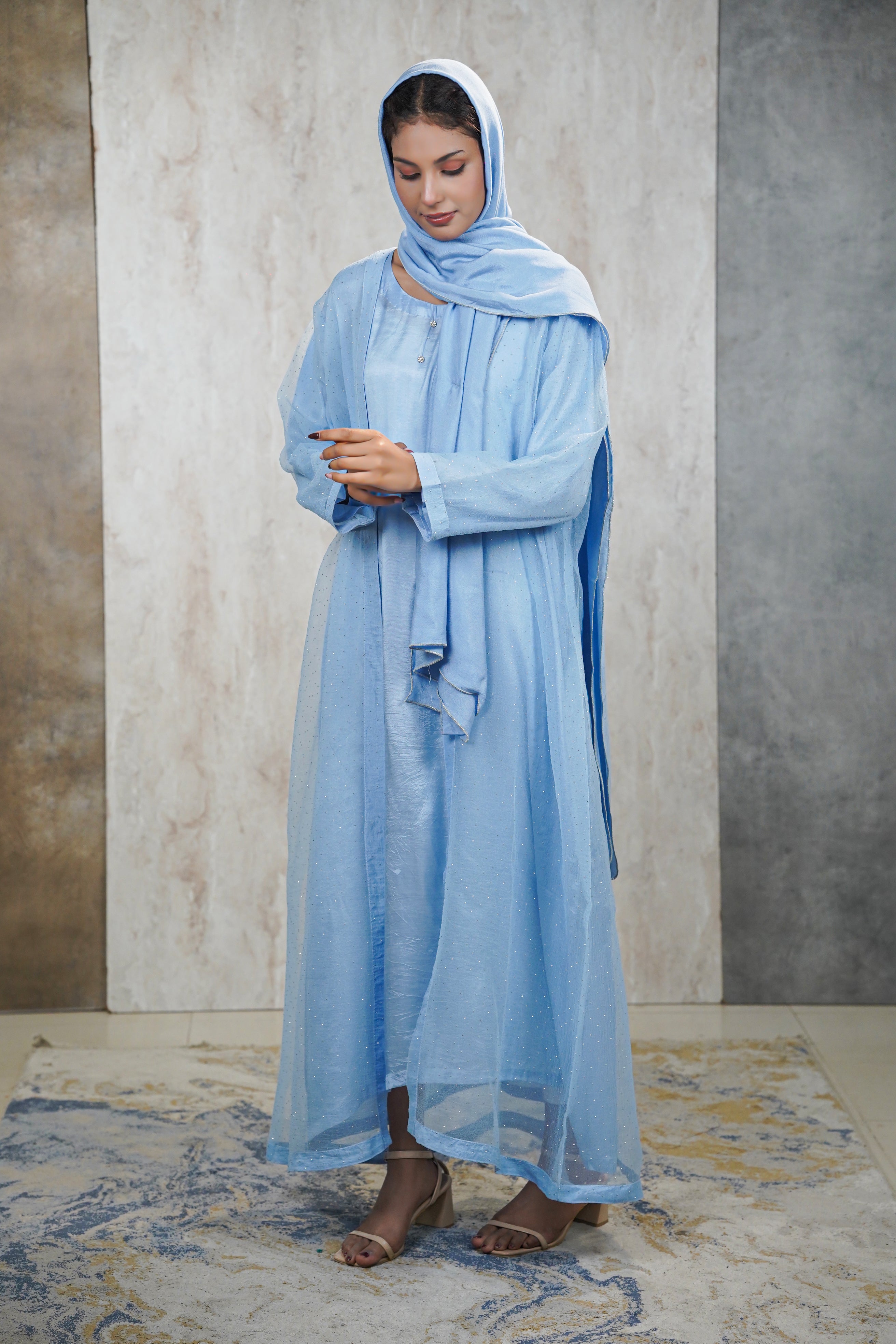 Traditional Baby Blue Abaya Net Material