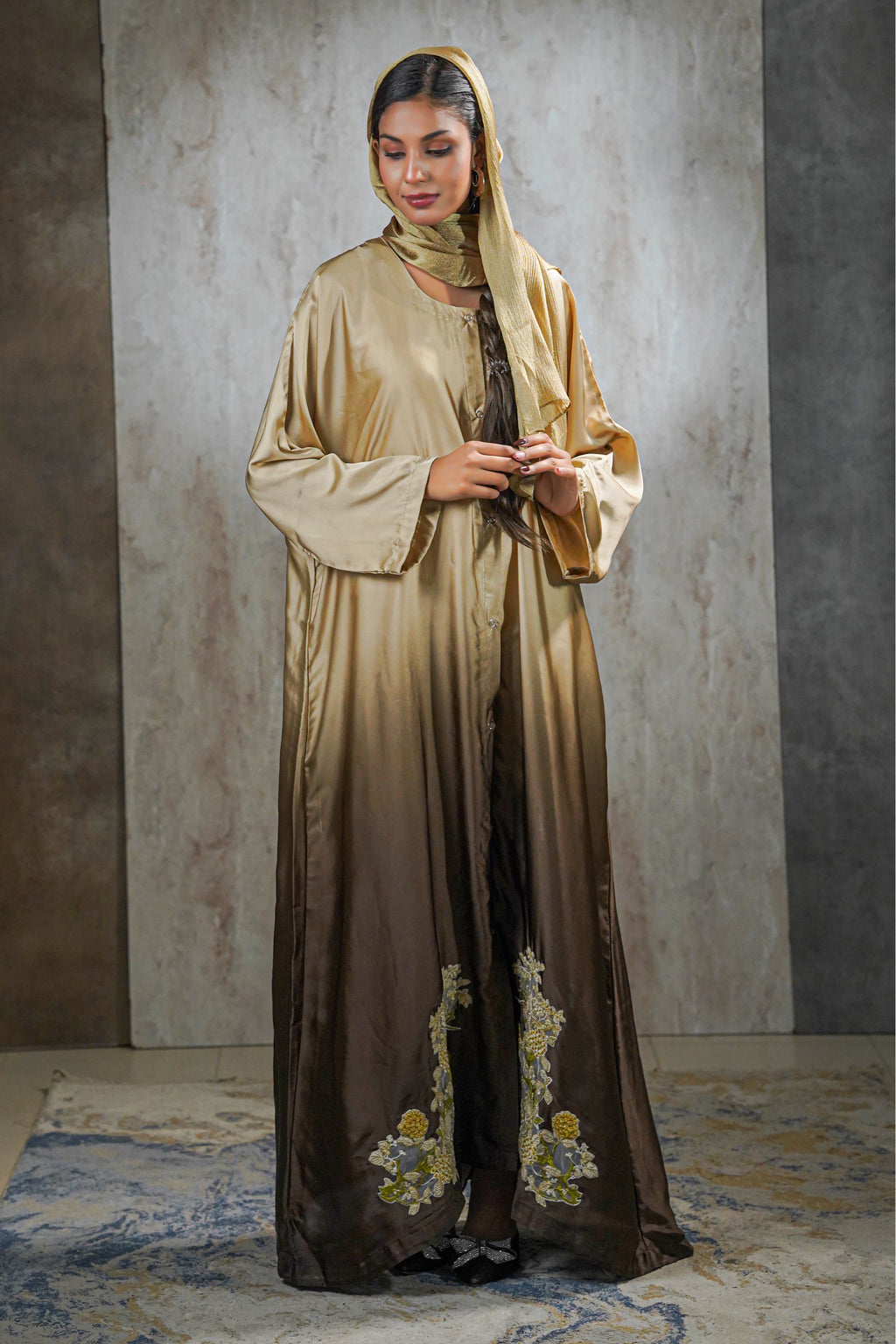 Ombre Golden Bloom Silk Abaya – Hand-Embroidered Elegance