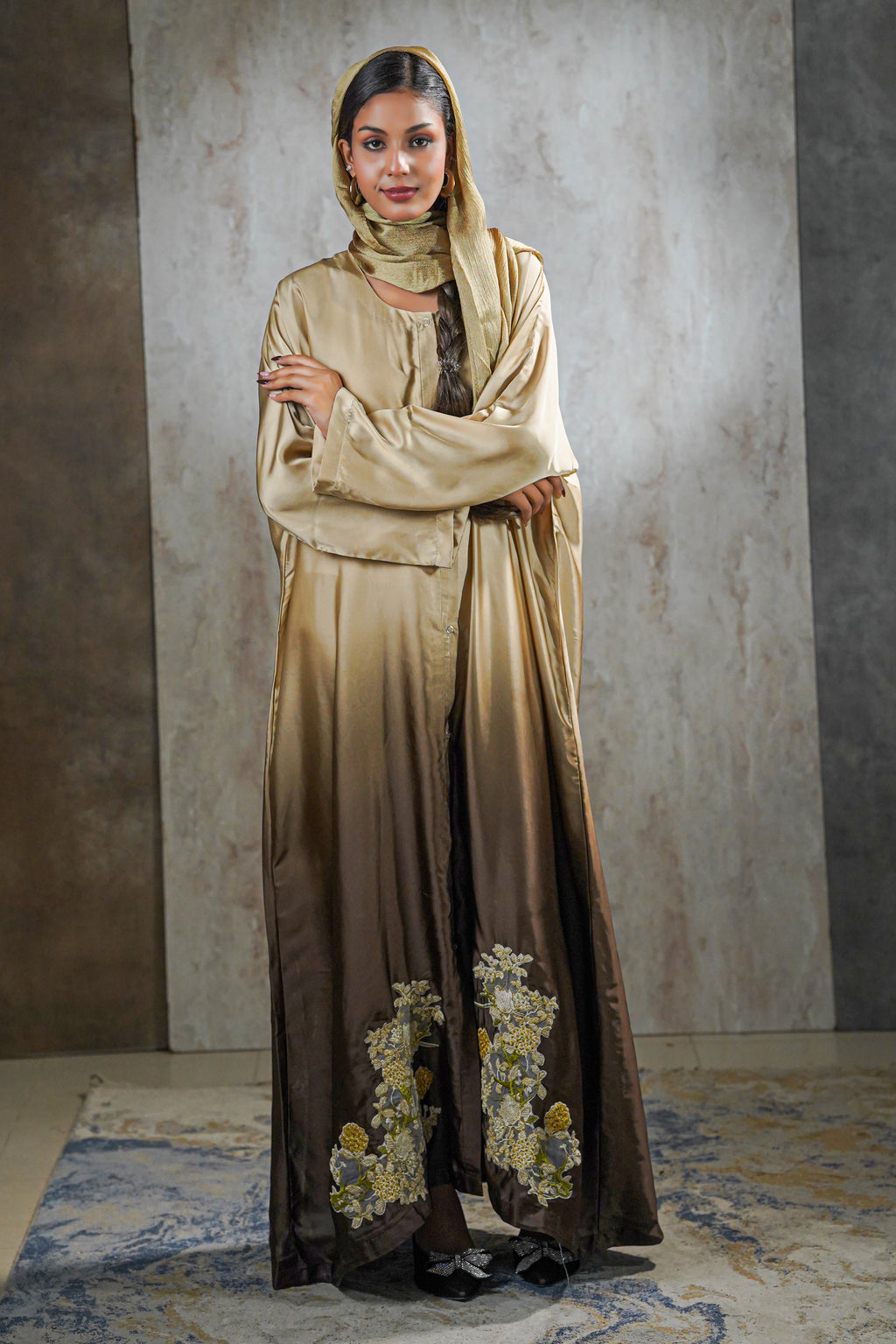 Ombre Golden Bloom Silk Abaya – Hand-Embroidered Elegance